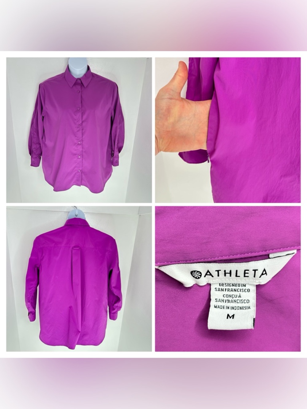 Athleta Oversized Poplin Button Front Top Size Medium Collared Blouse Purple
